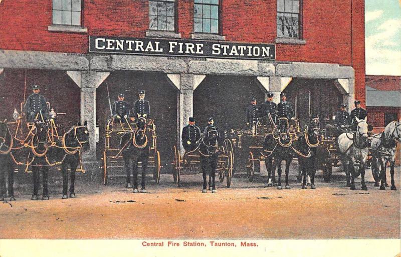 Taunton MA Central Fire Station 5 Horse & Wagon Postcard