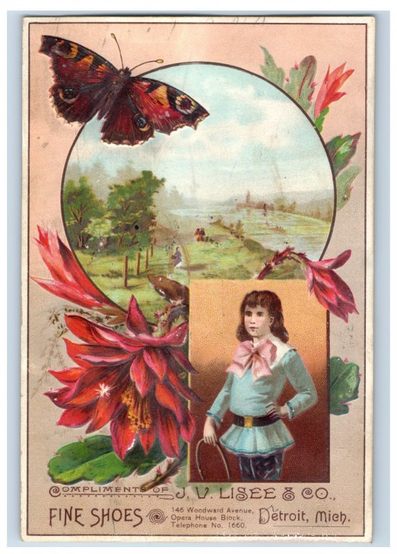 1890s Embossed J. V. Lisee Shoes Detroit, MI Butterfly Child W/ Hoop Toy 3K