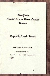 1950s LAKE DELTON WI REYNOLDS RANCH RESORT BREAKFASTS LUNCHES DINNERS MENU Z5578