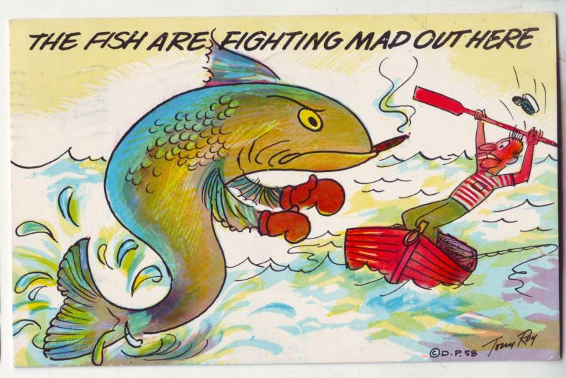 P414 JL 1960 postcard the fish are fighting mad out here