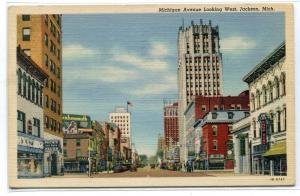 Michigan Avenue Street Scene Jackson Michigan 1950 linen postcard