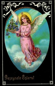 Beautiful Easter Angel Gel Gold Gilt Flowers Germany c1910 Antique Postcard 