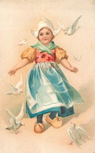 Adorable embossed drawn Dutch girl white doves pigeons chromo postcard 1909