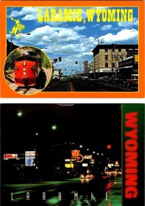 2~4X6 Postcards  Laramie, WY Wyoming  STREET SCENES Day & Night Views & TRAIN