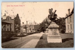 1908 Toledo Ohio Vintage Postcard State Hospital Statue Sculpture Street Posted