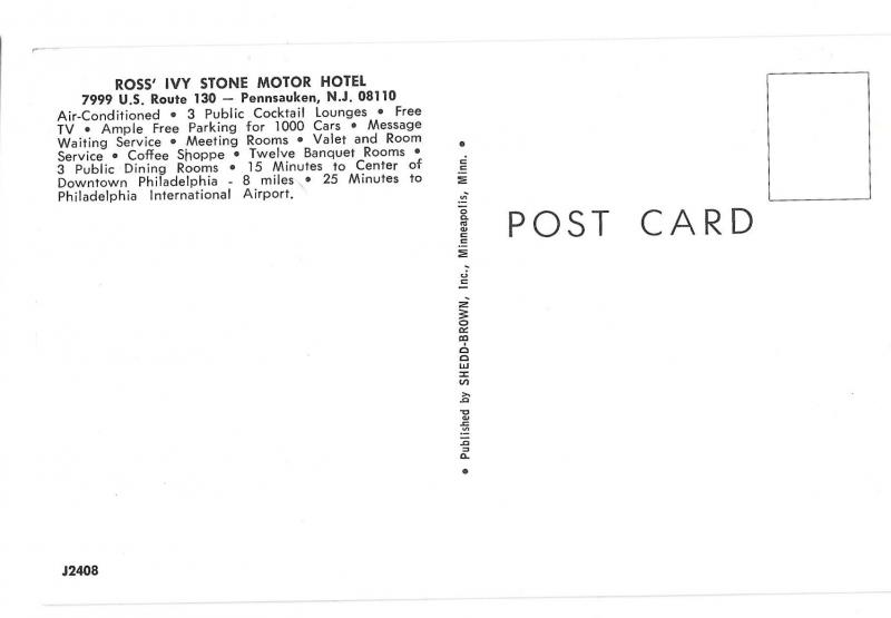 NJ Pennsauken Ross Ivy Stone Motel Motor Hotel Vtg Postcard