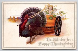 Thanksgiving Greetings Turkey Pulling Cherub in Pumpkin Carriage Postcard J26
