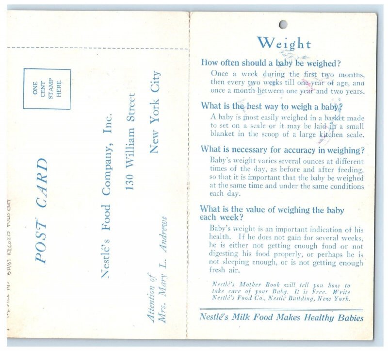 Baby Record's Weight Fold Out Nestle Advertising Unposted Antique Postcard 