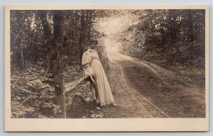 RPPC Beautiful Victorian Woman Flowing Dress On Rustic Forest Path Postcard P24