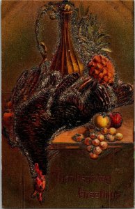 Dead Turkey Laying on Table, Thanksgiving Greetings Glitter Vintage Postcard T15