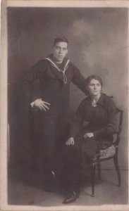WW1 Sailor & Wife War 1917 Old Photo Portrait Postcard