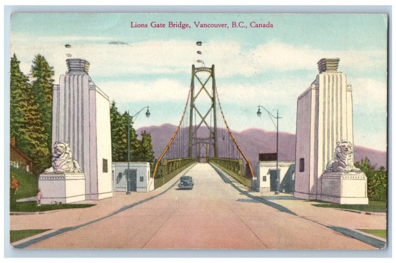 Vancouver British Columbia Canada Postcard Lions Gate Bridge 1947 Posted