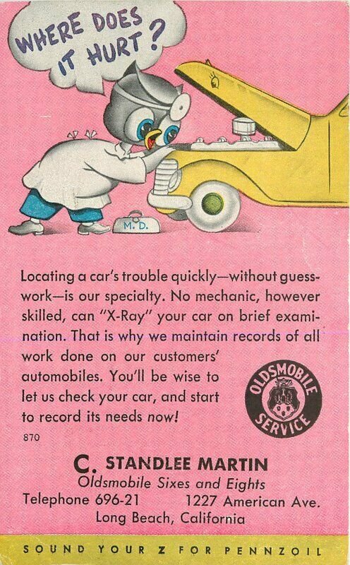 1947 Long Beach California Standlee Martin Oldsmobile Auto Service Owl Postcard