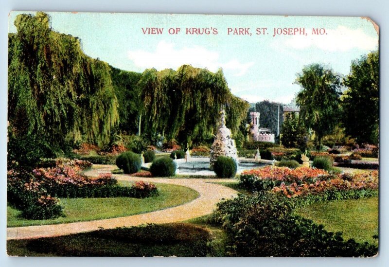 St. Joseph Missouri MO Postcard View Krug's Park Exterior Fountain c1910 Vintage