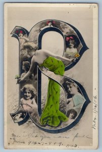 1906 Large Letter B Pretty Woman Children Yonkers New York RPPC Photo Postcard