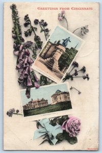 Cincinnati Ohio Postcard Greetings Multiview Statue Building 1907 Vintage Posted