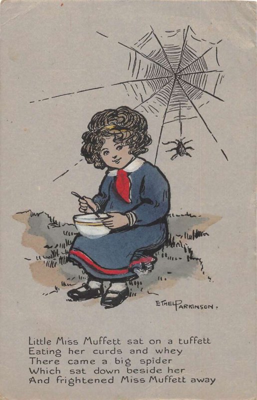 Miss Muffett Nursery Rhyme Spiderweb Artist Signed Vintage Postcard AA45167