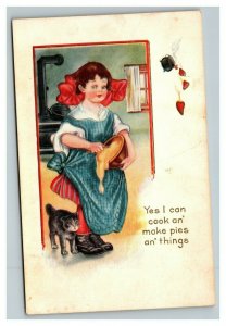 Vintage 1910's Whitney Valentines Postcard Girl and Cute Kitten in the Kitchen