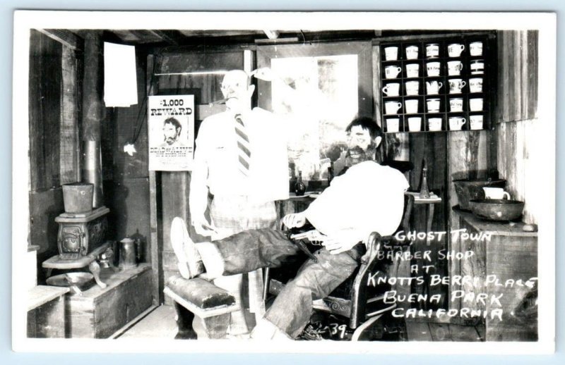 RPPC KNOTTS BERRY PLACE, Buena Park CA Ghost Town BARBER SHOP 1940s Postcard United States