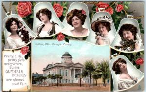 GUTHRIE, OK  Carnegie Library  GUTHRIE BELLES Pretty Girls c1910s Tuck  Postcard