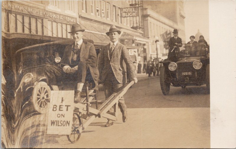 Salem Oregon 'I Bet On Wilson' President ?? Man Pushing Wheelbarrow Postcard G60