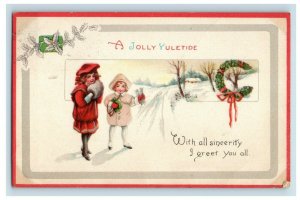c. 1910 Cute Kids Jolly Yuletide Christmas Wreath Postcard P42