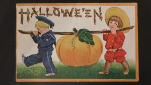 1908 Children w/ Pumpkin Halloween Postcard from Brooklyn, NY to Schenectady, NY