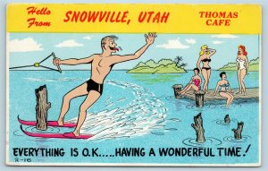 Postcard UT Greetings Snowville Utah Thomas Cafe Water Skiing c1950s N11