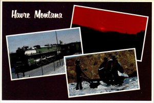 Havre MT Montana LYNDON F POMEROY SCULPTURE~TRAIN LOCOMOTIVE~SUNSET 4X6 Postcard