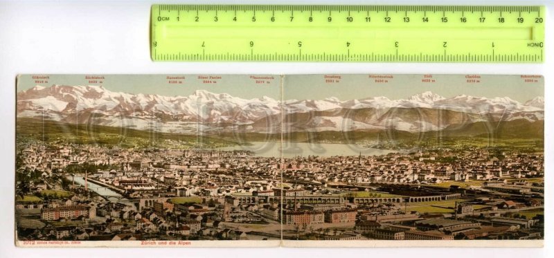 484442 Switzerland Zurich and the Alps Vintage Panoramic folding postcard