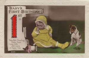 Baby's First Birthday Toy Dog On String Real Photo Old Postcard