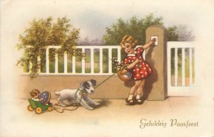 Holidays & celebrations friendship greeting drawn children girl dog Easter eggs