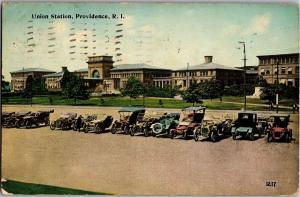 View of Union Station Providence RI Parked Cars Vintage Postcard R07