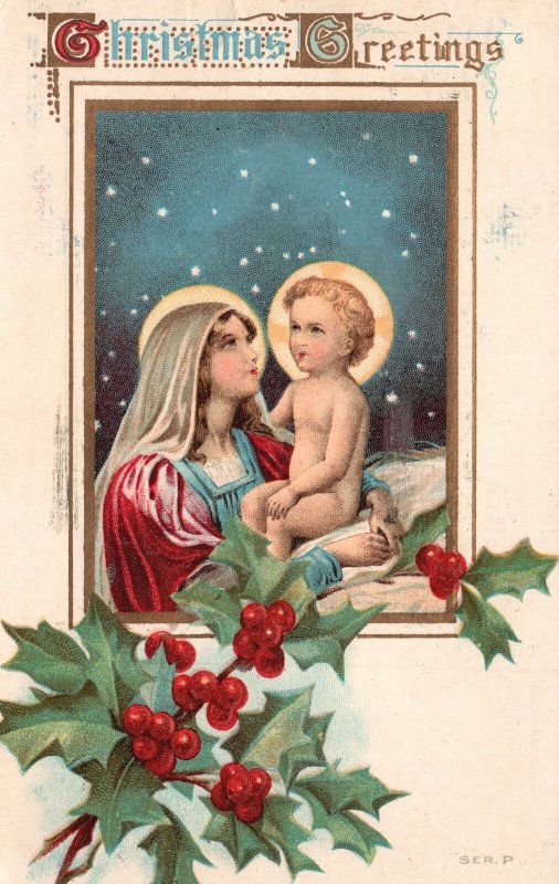 Vintage Postcard 1909 Christmas Mother and Child Holly Garlands Décor Greetings