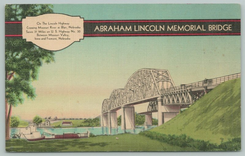 Nebraska~Abraham Lincoln Memorial Bridge~1940s Linen Postcard