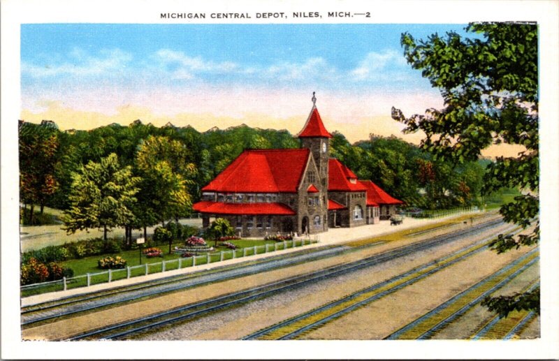 Postcard Michigan Central Railroad Train Depot Station in Niles, Michigan