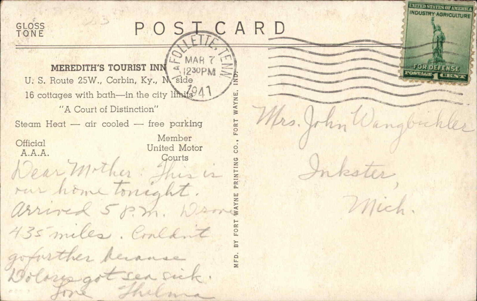 Corbin KY Meredith's Tourist Inn Gulf Gas Station Postcard United