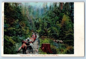 Logging Scene Postcard Ox Team Hauling Logs To The Lumber Mill Forest Antique