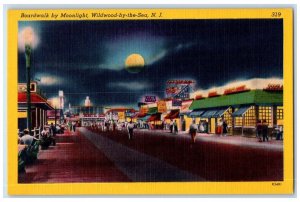 c1940 Boardwalk Moonlight Night Moon Wildwood Sea New Jersey NJ Vintage Postcard 