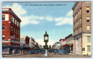 SANFORD, Florida FL ~ FIRST STREET Scene from Park Avenue c1940s Linen Postcard