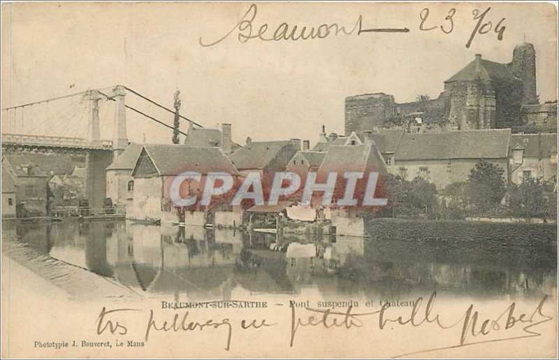 Old Postcard Beaumont sur Sarthe Suspension Bridge and Chateau