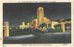 Union Railroad Station Serving Southern Pacific at Night Los Angeles California