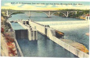 Goverment Dam &Locks and Ford Bridge, Minneapolis, Minnesota, MN, Linen