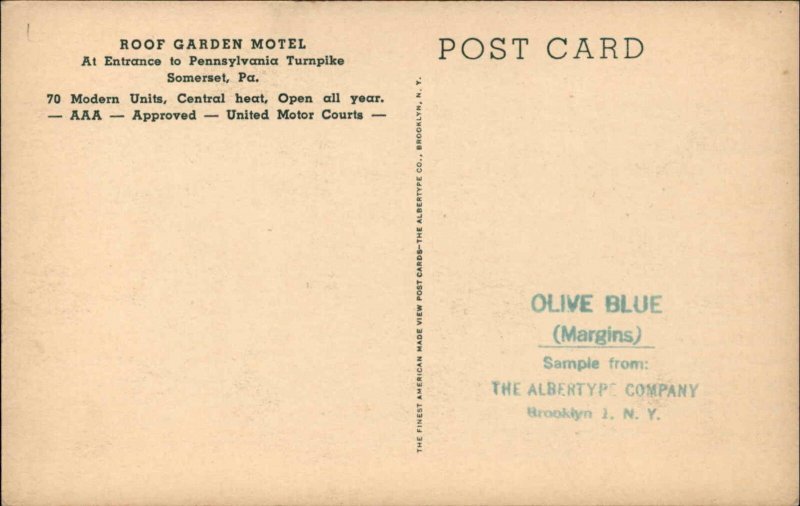 Somerset Pennsylvania PA Roof Garden Motel Vintage Postcard