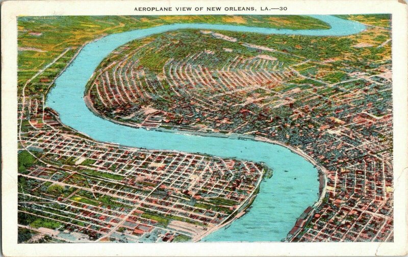 Aeroplane View New Orleans LA Crescent City River Gulf Mexico Cancel Postcard PM 