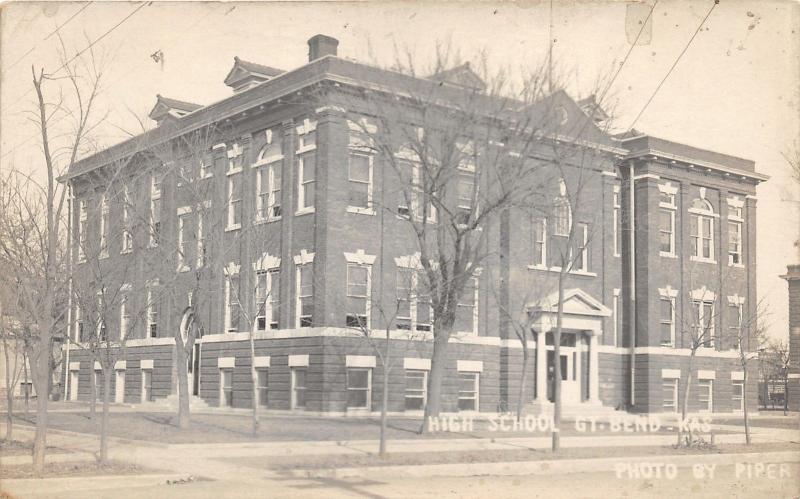 Great Bend Kansas~High School~Bare Trees on Lawn~c1910 Piper RPPC Postcard