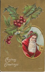 Santa Claus, Christmas, Xmas, Doll, Holly Berries, Wreath on Head 1910 Embossed