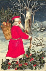 Embossed Red Silk Suited Santa Claus Walking Stick Merry Christmas Postcard