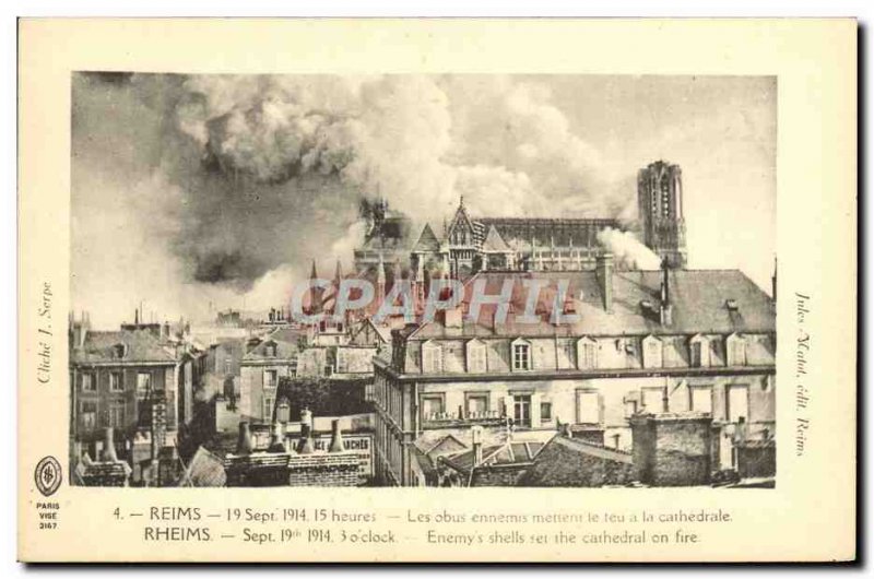 Old Postcard Reims Obus enemies set fire to the cathedral Army