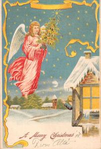 Christmas Greetings Angel with Tree Boy in Window Antique Postcard J75607